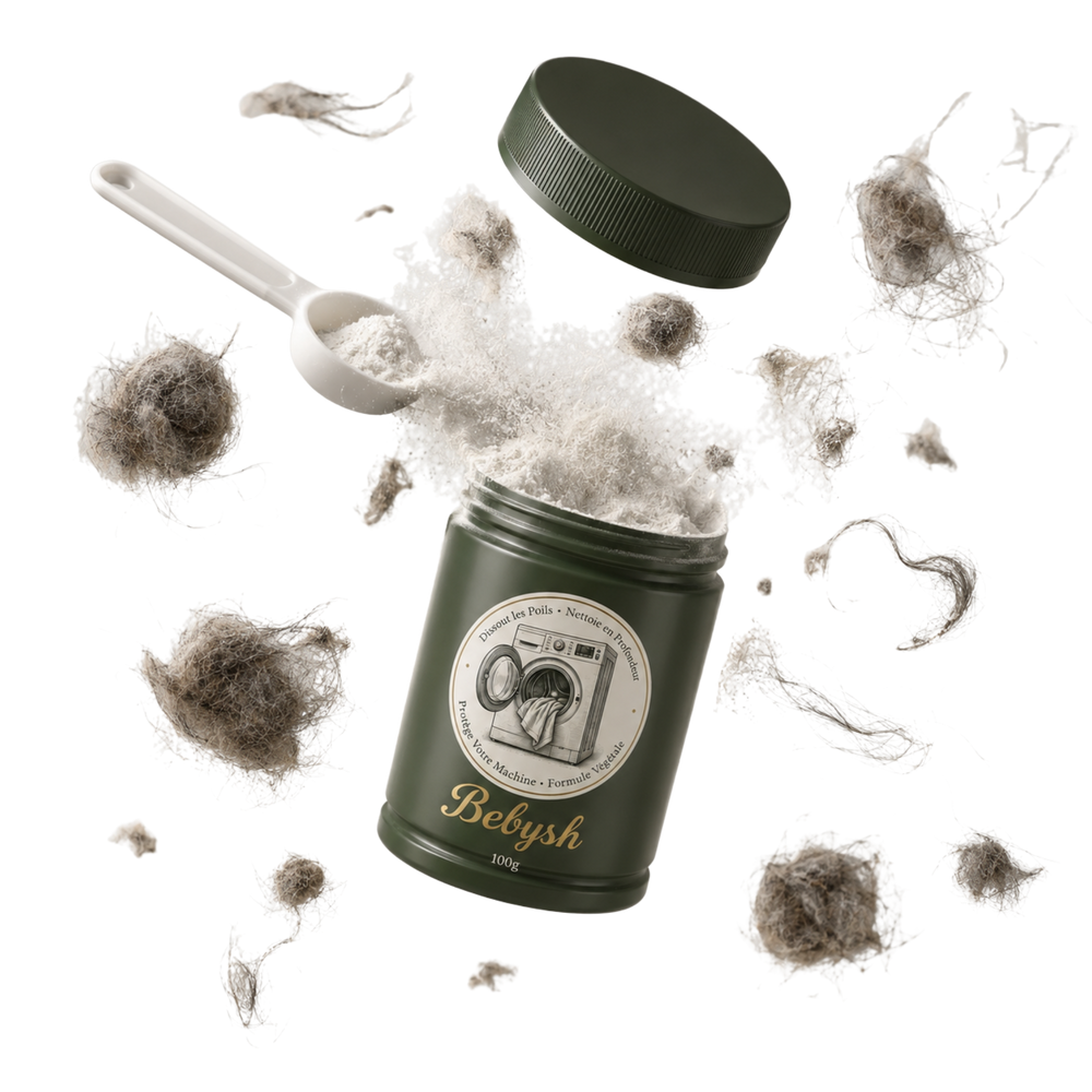 Ancien pot Bebysh 100 g détouré avec doseur, poudre et poils